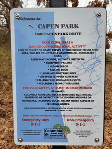 Columbia Parks and Recreation sign for Capen Park climbing