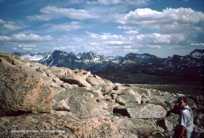 Topping out on the summit of Squaretop, in time to hike out; with a view of Wilson, Ladd, Stroud, Oeneis - Aug 1983