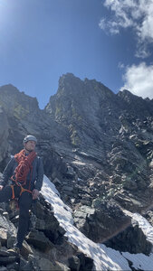 Gunner and I headed up an unroped section between Pitch 13 & 14.  P14 is visible behind Gunner; just a little left of center.