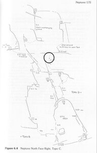 The bolt circled on the third pitch was broken off in 1989 when Waugh and I did the direct to Swept Away. Photo image from J. Steiger's book