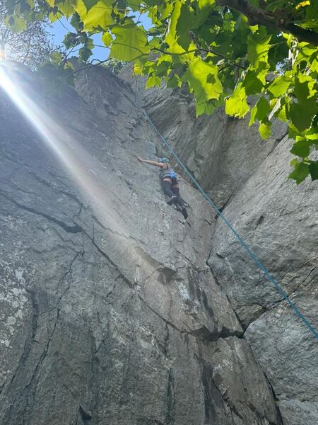 Two Lane Highway can get a little wet after a rainstorm. Some of the holds in the crack were wet. If your not a 5.10 climber (yet) you can cheat this route by climbing the birds nest route crack and swinging over.