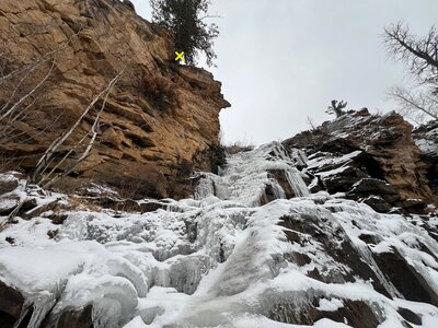 Overhanging rappel from large pine