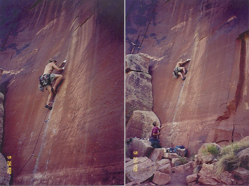 Well, I apologize for the photo quality <br>
and excessive size... I don't have any <br>
editing software.<br>
Anyway, two photos of me sewing up <br>
Coyne, one from the sketchy lieback, <br>
and the other after In fell and decided <br>
to try the tough jams.  This climb is <br>
my toughest attempt yet, but I still <br>
haven't done it clean.