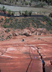 Looking down from near the top of pitch 7.  This route is exposed!