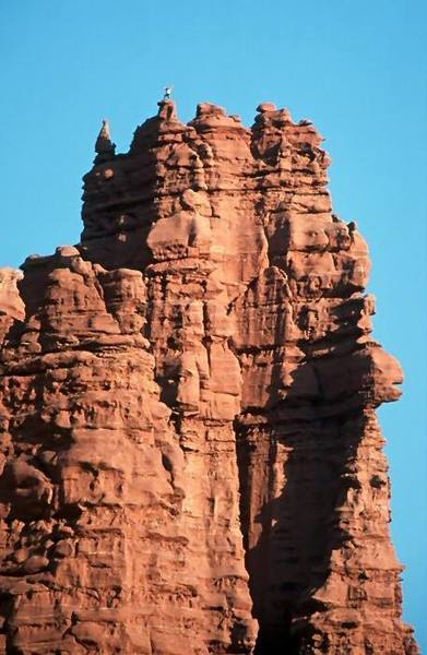 I shot this of some unknown climber celebrating his ascent of Echo via Phantom Spirit (or whatever they are calling the north ridge route these days) towards the first of June, 2002. Shot from the parking lot with a 400mm lens by Bruce Wilson (http://wilson.dynu.net).