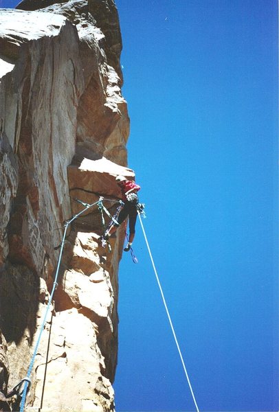 P.Ross on Pitch 2. First Ascent North Face of Dreamspeaker Spire