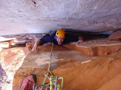 Anders stuck in the chimney on pitch one. The Euro sport climber is still having fun in the chimneys! 