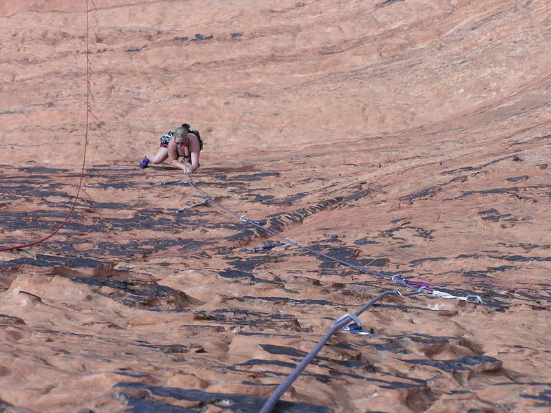 Dede following the route, enjoying the great sandstone edges.