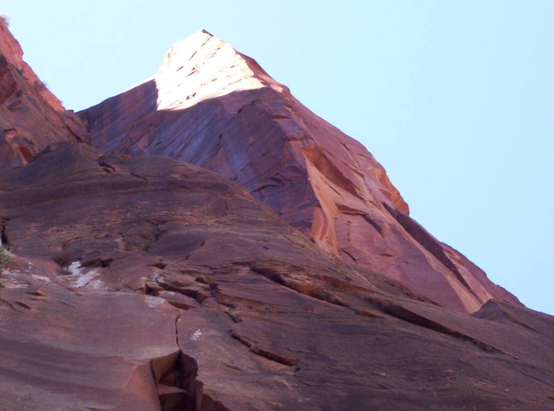 Looking up at the headwall pitches on Lunar X.