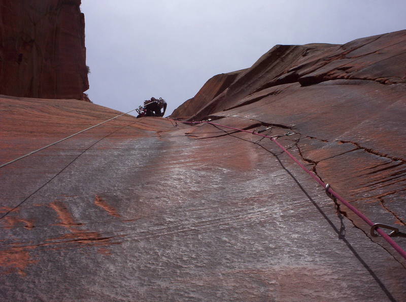 The Amoeba Pitch as seen from the belay anchors.