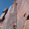 This climb is mostly hands size but near the top it opens up and is quite large.  Fun climb.  Here Bob approaches the step, once there it's about another 20' to the top of the route. 