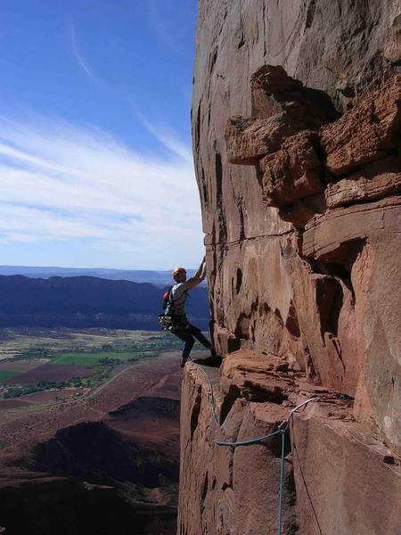 Ham or cheese?  5.7 traverse is fun.  If you belay at the level of the traverse, a #4 Camalot is best for a safe belay before you traverse.  