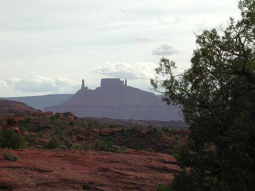 Castleton Tower shot in April 2001 at late afternoon from Fisher Towers.