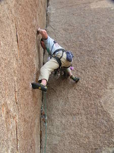 Gabe gingerly stemming his way through the lower crux section of the Snake Book. 