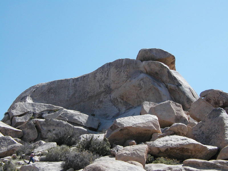 The Upper North Face of Cap Rock - Horror-zontal Terror-verse (5.10b) climbs the horizontal crack at mid-height, while The Ayatollah (5.11b/c) is up the vertical seam right of center.