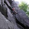 Jan Brown at the top of the main crack on Pine Tree Dihedral.