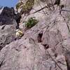 Jan Brown at the end of the tricky traverse on Second Day Air.