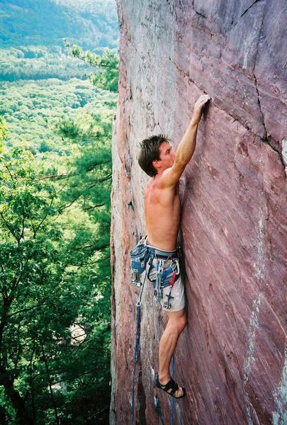 Jay Knower at the end of the crux on Flake Route. Photo by Peter Arndt. 