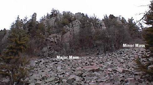 Doorway Rocks seen from the Grottos Trail at the base of the bluff.