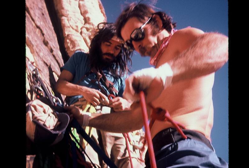 Jimmy Newberry and Geoff "Madman" Conley re-racking on the 1st continuous ascent of Eagle Dance, Dec 1980. Photo by Phil Broscovak