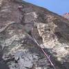 Looking up the crux pitch 4.