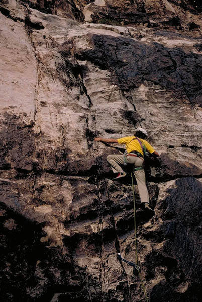 Joe Herbst on pitch 1 of Centerfold first ascent.