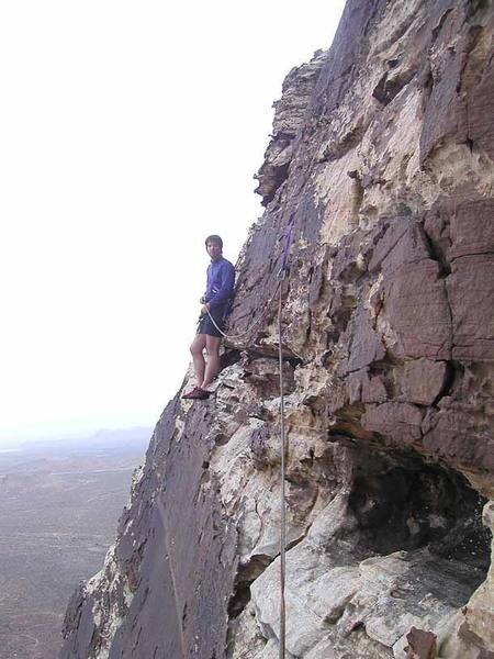 This is the belay position at the top of Azkaban Jam.  One easy exit is to climb straight toward the photographer and rappel down the Dementor route.<br>
