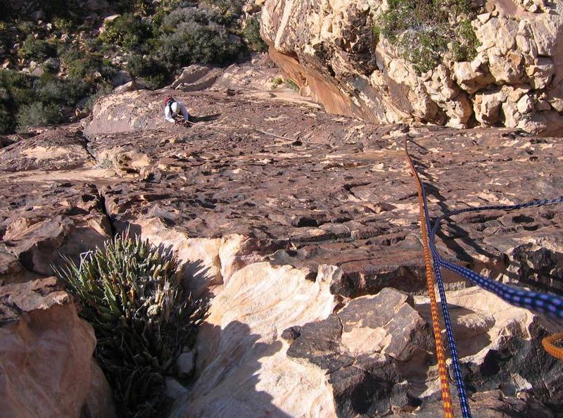 Looking down the long pitch 1, top of Black Tower to the right.