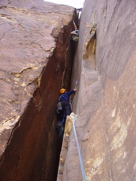 Higher in the last chimney. It's almost a sport climb:-)