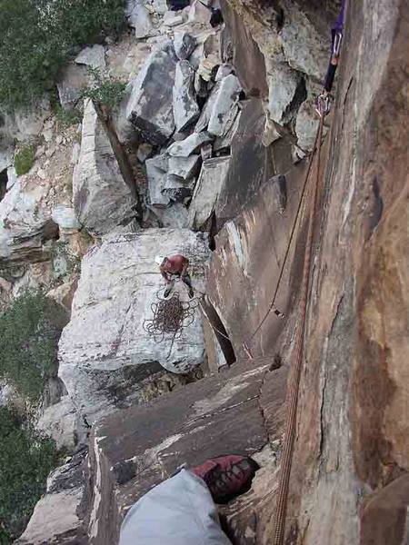 Looking down the first pitch of Black Magic from just past the traverse.