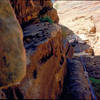 Larry Hamilton on the first ascent of Deep Space.  This well-shaded route was done on a hot day in May, 1975 (photo by Joe Herbst).