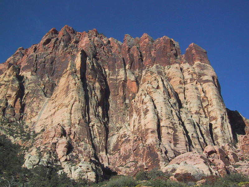 Cloud Tower reaching the skyline on the right, Ginger Buttress is the triangular buttress left of center.