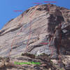 Eagle Wall from the lower Painted Bowl with routes marked (note that bottom pitches of these routes are not visible due to the "foreground bump")