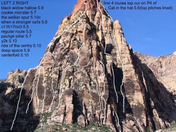 Routes on east face of Mescalito.