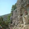 Tony Bubb shows the undercling sequence of the second crux of Bubble Boy. Photo by Gwen Johnson.