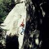 Mike Arechiga below the crux of "Clamydia" (5.11d) at CR Falls, Castle Rock State Park, California. The route is harder now due to broken holds.