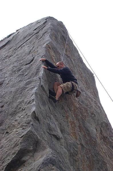 Brad working the arete on Egghead.  Great, fun face climbing using left hand on arete all the way to the top.