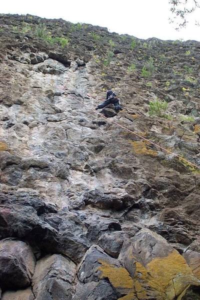 Brad finishing up on Chicken Ranch Bingo. Climb wanders up whitish face below him.