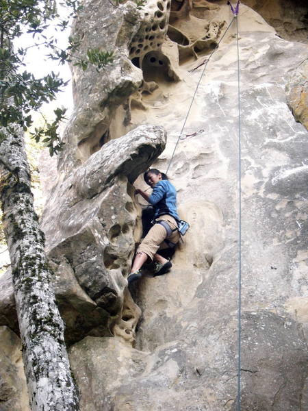 Naoko on the lower section getting past the first crux.