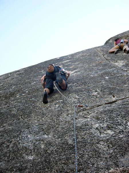 Brad feeling out the moves getting to the second bolt. It's a bit intimidating up there. Naoko making progress on Indian Springs.