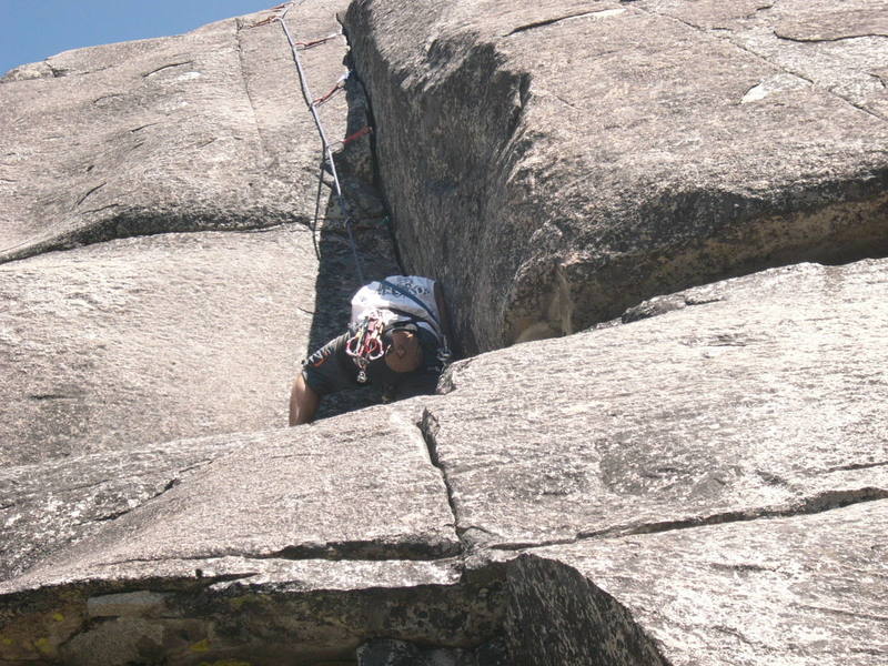 Brad at case of corner.  Good shot of gear in crack above.  Do you think Paul put in enough gear???