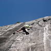 Paul on the delicate traverse left to reach second bolt.  Slipping here would not be fun!