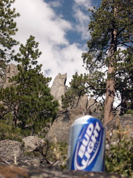 Our first view of the Spires clearly showing the two ears of the Beer and a Hotdog, Two Bucks route spire.  Chris McNamara's guide talks about following cairns up from the road but they were nowhere to be found except finally here as the Spires come into view.  I always thought that the term was spelled C-A-N-S though...