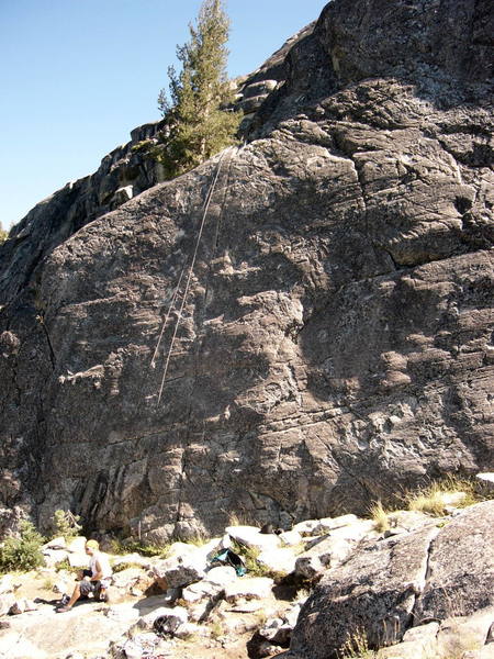 Photo shows left side of Lower Tier.  The toprope is set up on Captain Cheeze Dog.  The thin crack is Super Thin.  Just right of the crack is Indian Springs which continues all the way up to top of photo.