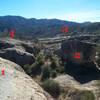 Photo taken from the top of The Beach of the major areas: (1) The Beach, (2) Mavericks, (3) Newt Wall, (4) Talking Tower