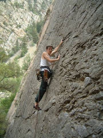 R. Mason just below the crux of Thieving Magpie.  Photo by J. Mason