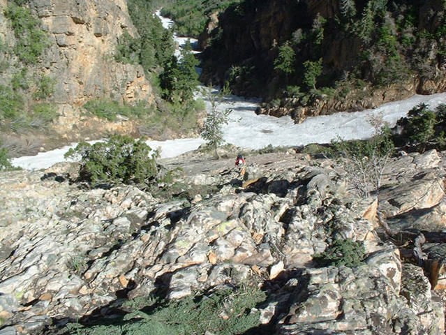 Craig Gueck following pitch 2.  The tree in the center is the belay for pitch 1.