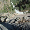 Craig Gueck at the belay station on top of pitch 2.  The dihedral above him is the well protected pitch 3.