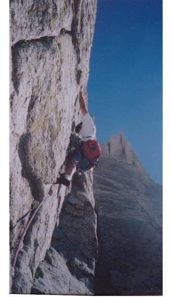 Just leaving the belay ledge, starting the second pitch.  Bad angle on the camera though.