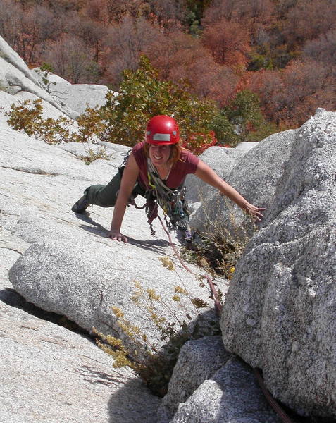 Sharon Vinick enjoying a beautiful fall day near the top of the fourth pitch.